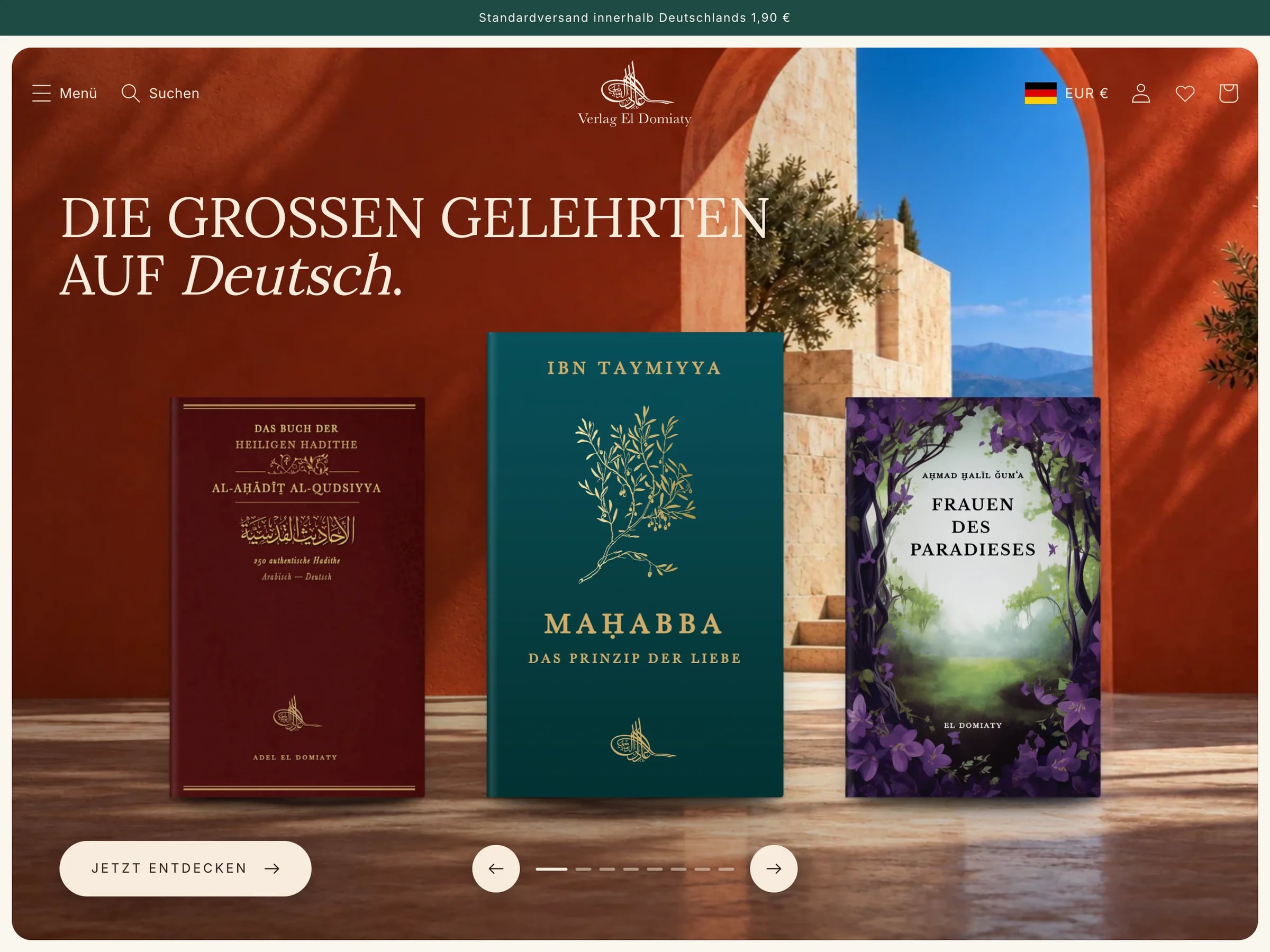 Verlag El Domiaty: Shopify-Shop für einen Buchverlag, mit Cover-Animationen, Bücherregal als Navigation und Autorenseiten.