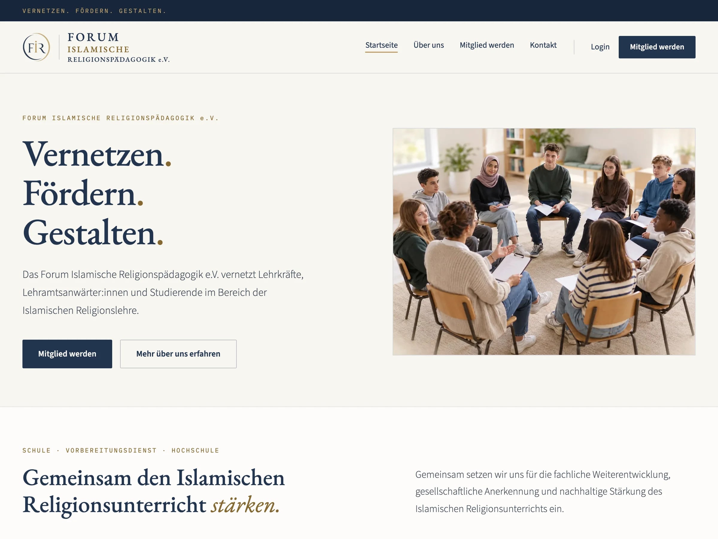 Forum Islamische Religionspädagogik e. V.: Vereinswebsite mit Mitgliederbereich, ruhig gestaltet und ohne Tracker.